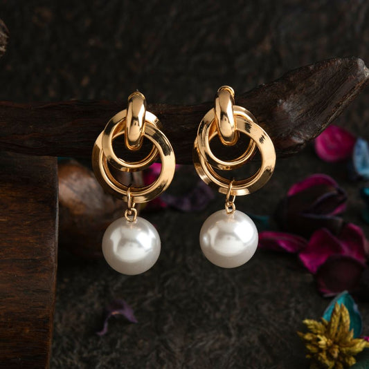 Dual Round Shaped with Dangling Pearl Drop Earring